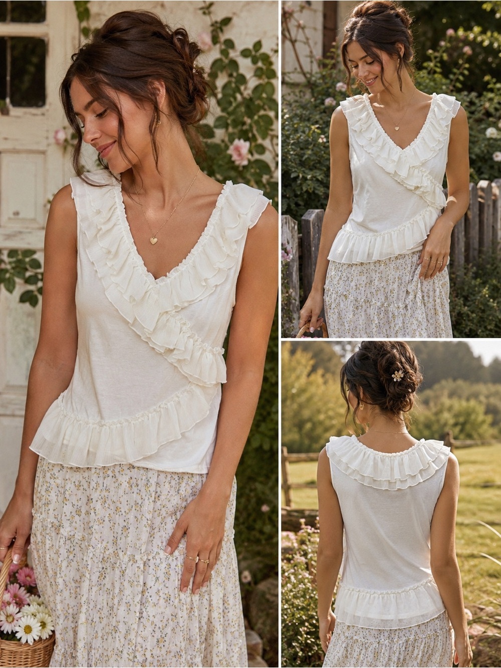 ELLE Ivory Ruffle V-Neck Sleeveless Blouse XL Pima Cotton Modal